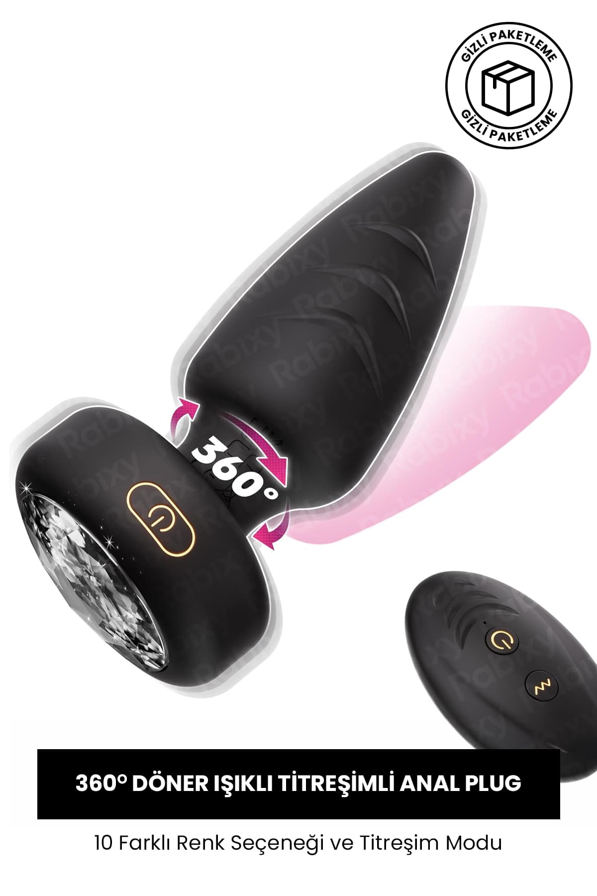 Döner Işıklı Anal Plug 360 Derece Dönen Başlık Işıklı Uzaktan Kumandalı RBXY-TR025, one size