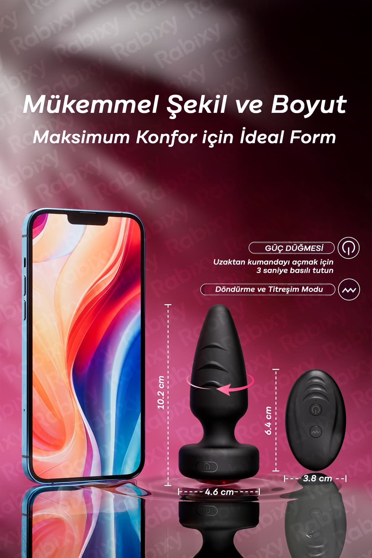 Döner Işıklı Anal Plug 360 Derece Dönen Başlık Işıklı Uzaktan Kumandalı RBXY-TR025, one size 4